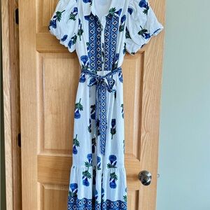 entro White Maxi Dress with Blue Floral Print and Navy Trim